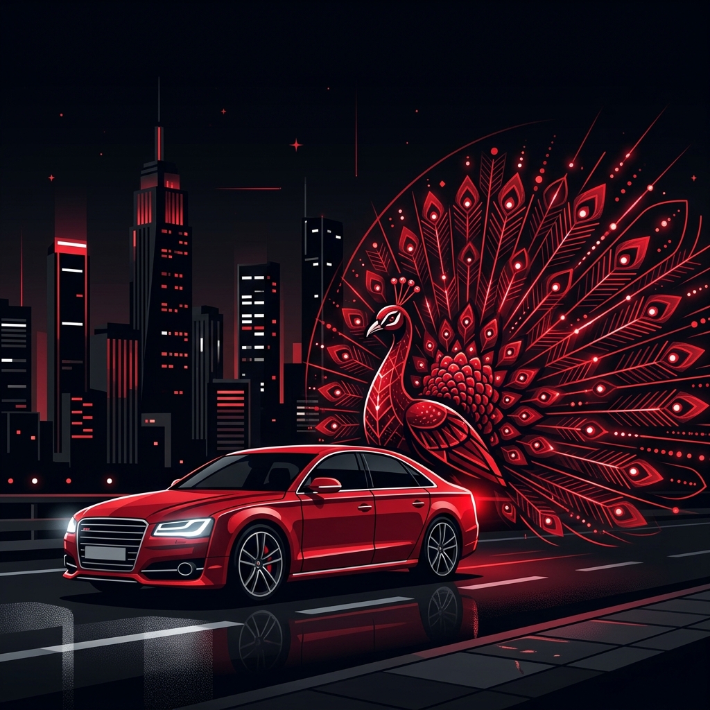 redMayil premium chauffeur service and luxury car illustration with red peacock